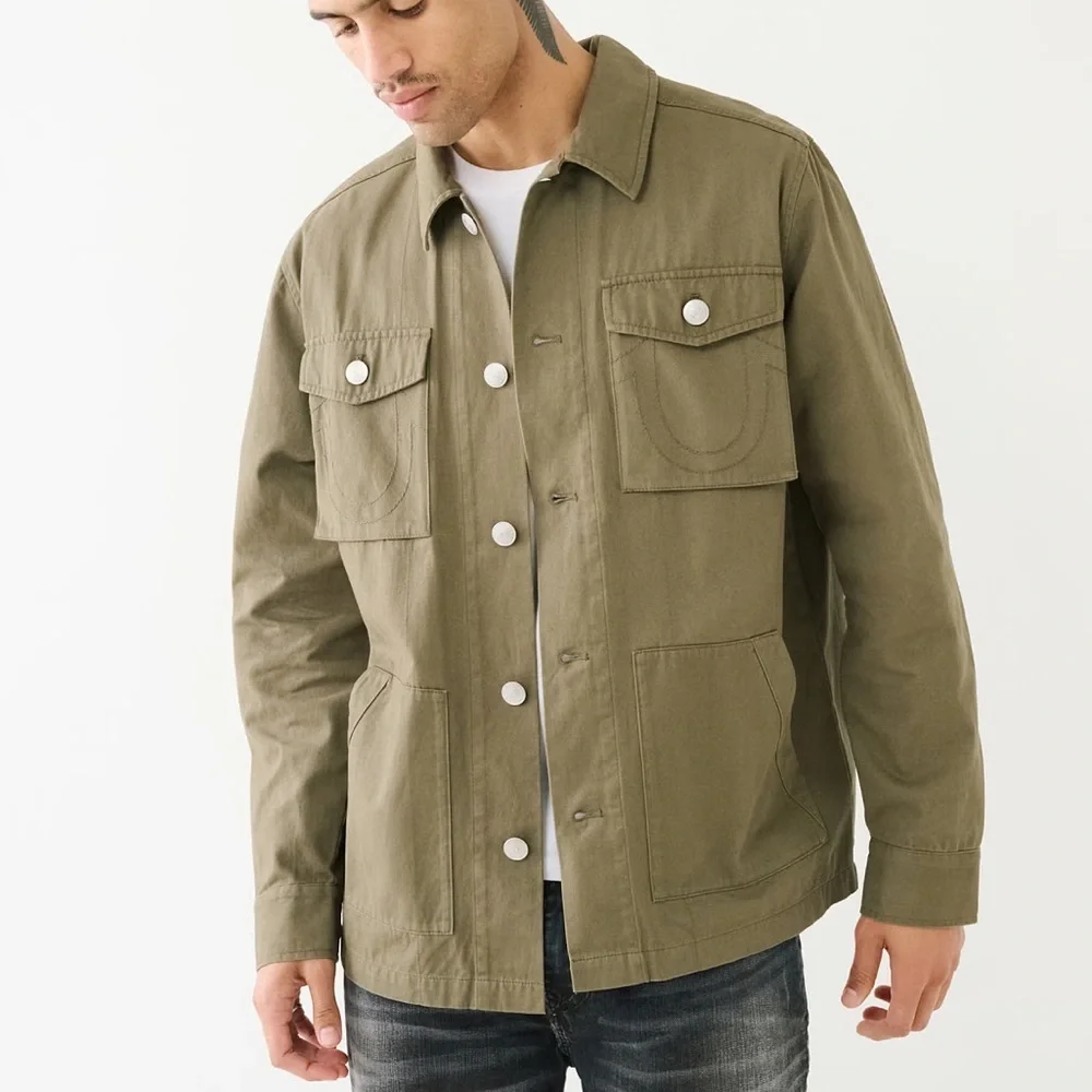 True Religion Men S Olive Green Casual Button Front Buddha Logo Military Jacket